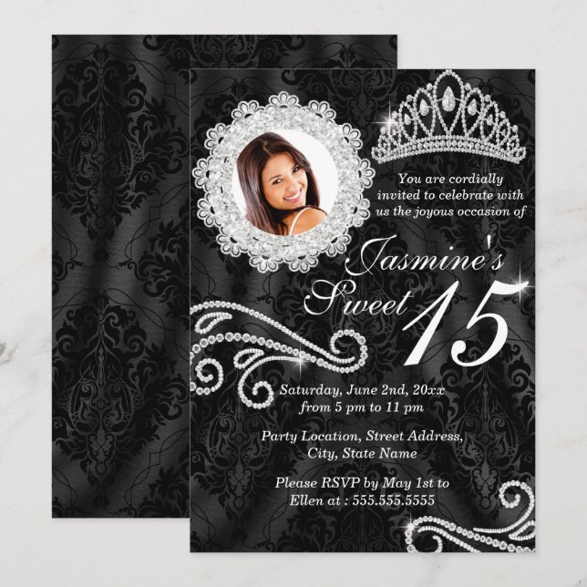 Elegant Diamond & Damask Photo Quinceanera Invite (Front/Back)