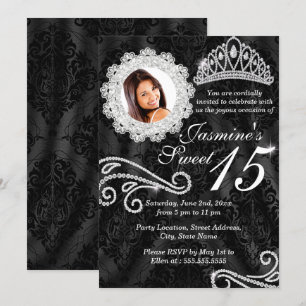 Elegant Diamond & Damask Photo Quinceanera Invite