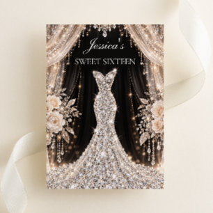 Elegant Diamond Dress Black & Champagne Sweet 16 Invitation