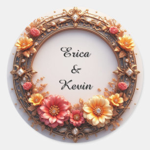 Elegant Diamond Floral Ring Wedding Frame Classic Round Sticker