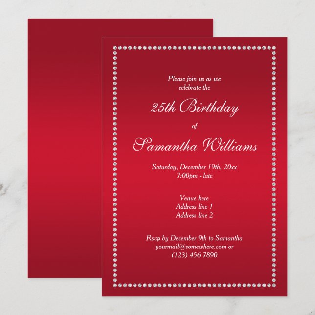 Elegant Diamond Framed Red Birthday Invitation (Front/Back)