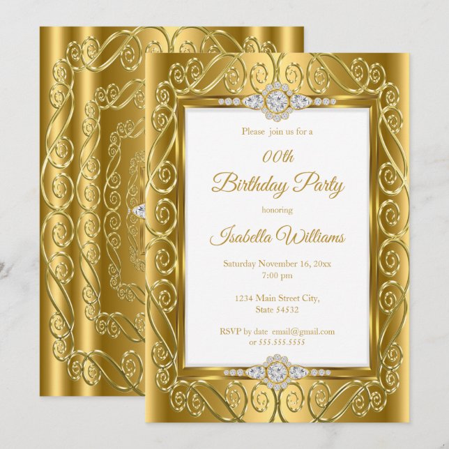 Elegant Diamond Gem Gold Birthday Party Invitation (Front/Back)