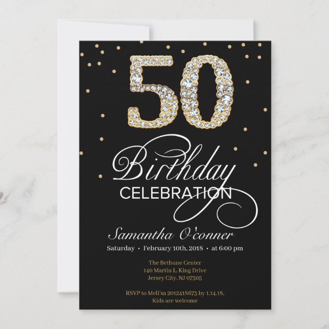 Elegant diamond gold black 50th birthday invitation (Front)