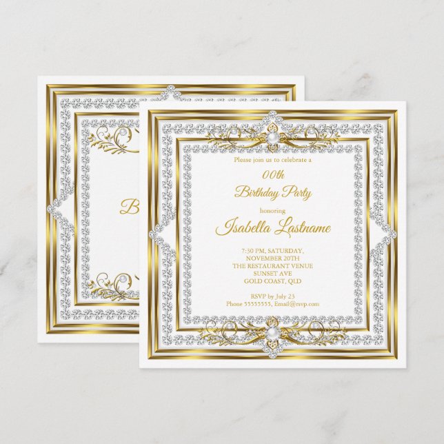 Elegant Diamond Gold White Pearl Birthday Party Invitation (Front/Back)