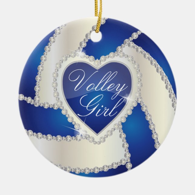 Elegant Diamond Heart Dark Blue Volleyball Ceramic Tree Decoration (Front)
