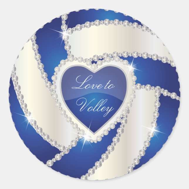 Elegant Diamond Heart Dark Blue Volleyball Classic Round Sticker (Front)