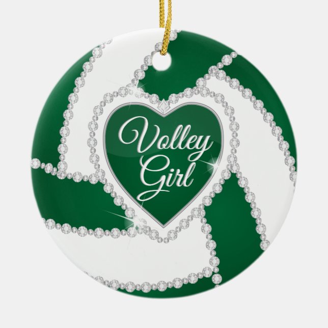 Elegant Diamond Heart Dark Green Volleyball Ceramic Tree Decoration (Front)
