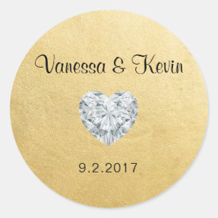 Elegant Diamond Heart Gold Wedding Gift Favours Classic Round Sticker