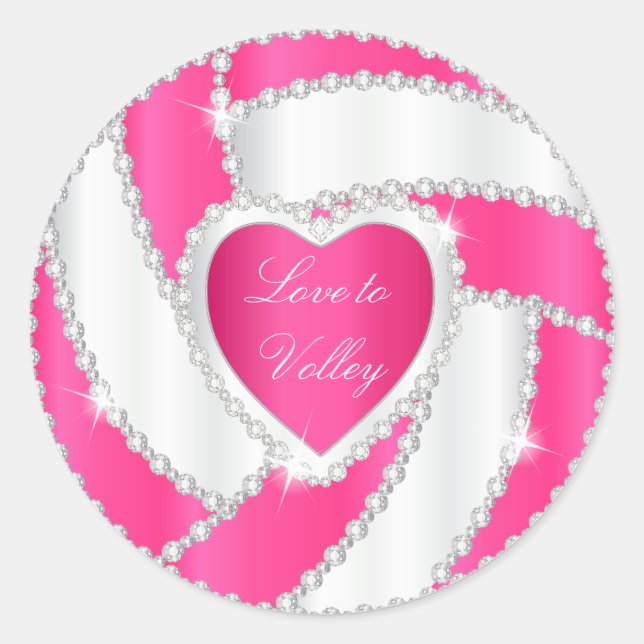 Elegant Diamond Heart Hot Pink Volleyball Classic Round Sticker (Front)