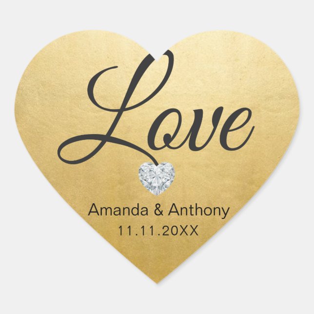 Elegant Diamond Heart LOVE Gold Foil Wedding Seals (Front)