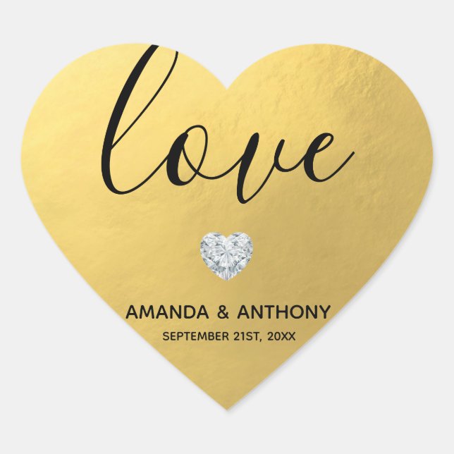 Elegant Diamond Heart LOVE Gold Foil Wedding Seals (Front)