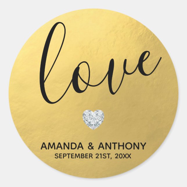 Elegant Diamond Heart LOVE Gold Foil Wedding Seals (Front)