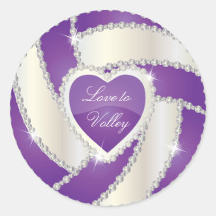 Elegant Diamond Heart Purple Volleyball Classic Round Sticker