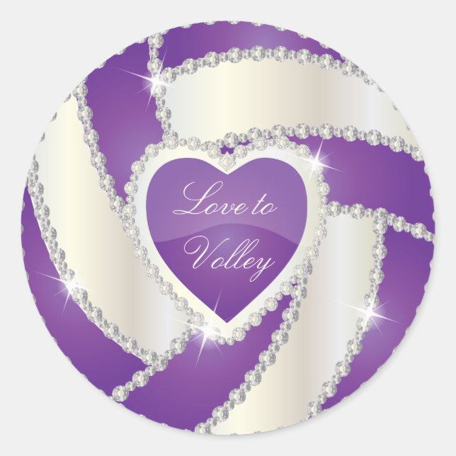 Elegant Diamond Heart Purple Volleyball Classic Round Sticker (Front)