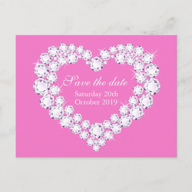 Elegant diamond heart save the date pink announcement postcard (Front)
