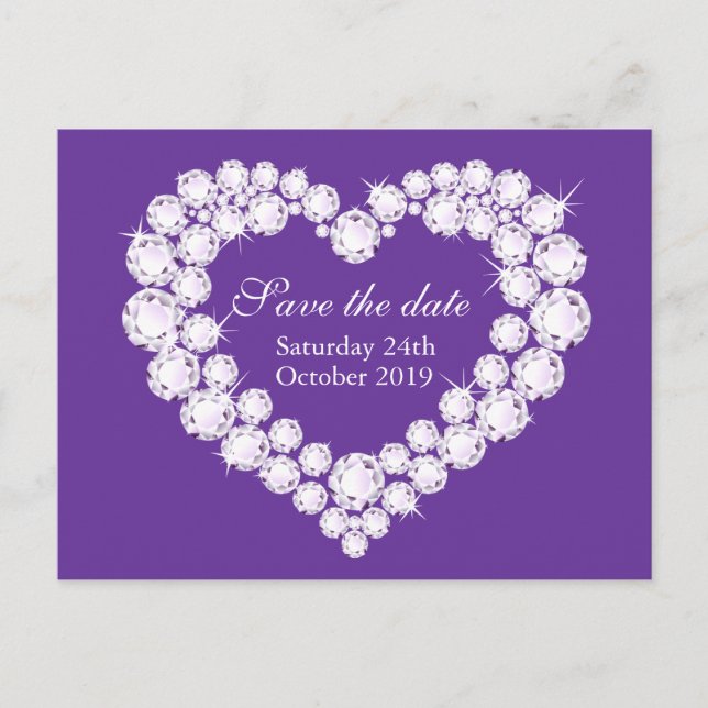 Elegant diamond heart save the date purple announcement postcard (Front)