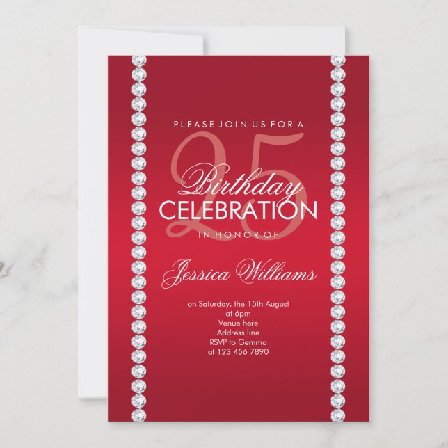 Elegant Diamond Jeweled Ruby Red Birthday Invitation (Front)