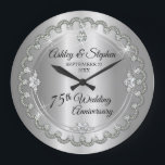 Elegant Diamond Jubilee 75th Wedding Anniversary Large Clock<br><div class="desc">Opulent elegance frames this 75th wedding anniversary design in a unique scalloped diamond design with centre teardrop diamond with faux added sparkles on a silver coloured gradient. Original design by Holiday Hearts Designs (rights reserved). Please note that all embellishments are printed and are only made to appear as real as...</div>