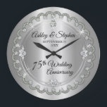 Elegant Diamond Jubilee 75th Wedding Anniversary Large Clock<br><div class="desc">Opulent elegance frames this 75th wedding anniversary design in a unique scalloped diamond design with centre teardrop diamond with faux added sparkles on a silver coloured gradient. Original design by Holiday Hearts Designs (rights reserved). Please note that all embellishments are printed and are only made to appear as real as...</div>