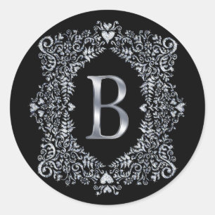 Elegant Diamond Ornate Frame Initial B Classic Round Sticker