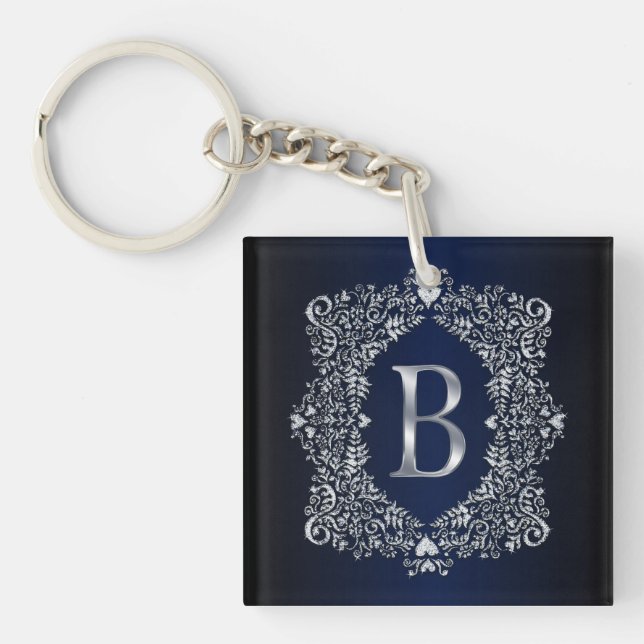 Elegant Diamond Ornate Frame Initial B  Key Ring (Front)