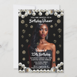 Elegant Diamond, & Pearl Photo Black  Invitation