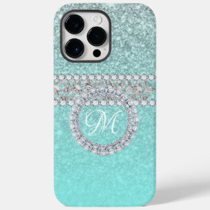 Elegant Diamond Personalised Monogram on Blue Teal Case-Mate iPhone 14 Pro Max Case