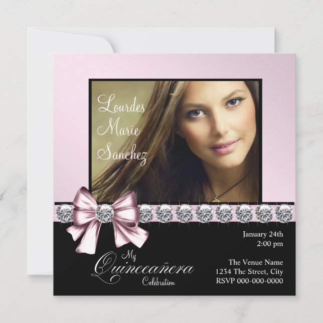 Elegant Diamond Pink Bow Photo Quinceanera Invitation (Front)