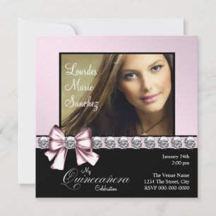 Elegant Diamond Pink Bow Photo Quinceanera Invitation
