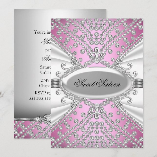 Elegant Diamond Pink Sweet 16 Party Invite (Front/Back)