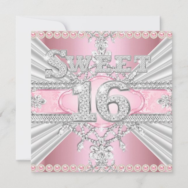 Elegant Diamond Pink Sweet 16 Sixteen Party 3 Invitation (Front)