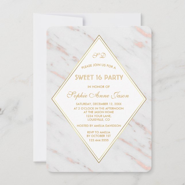 Elegant Diamond Rose Gold Marble SWEET 16 Party Invitation (Front)