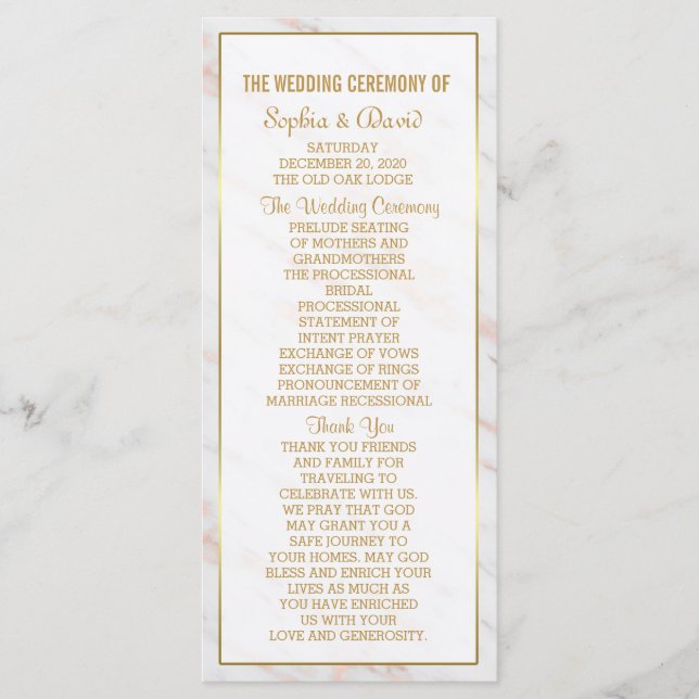 Elegant Diamond Rose Gold Marble  Wedding Program Programme (Front)