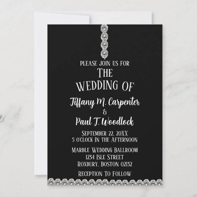 Elegant Diamond String Black & White Wedding Invitation (Front)