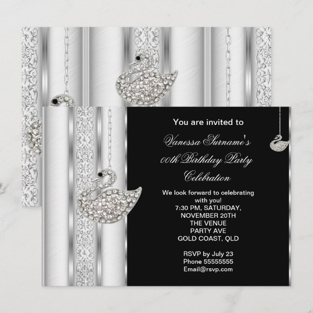 Elegant Diamond Swan White Silver Black Birthday Invitation (Front/Back)