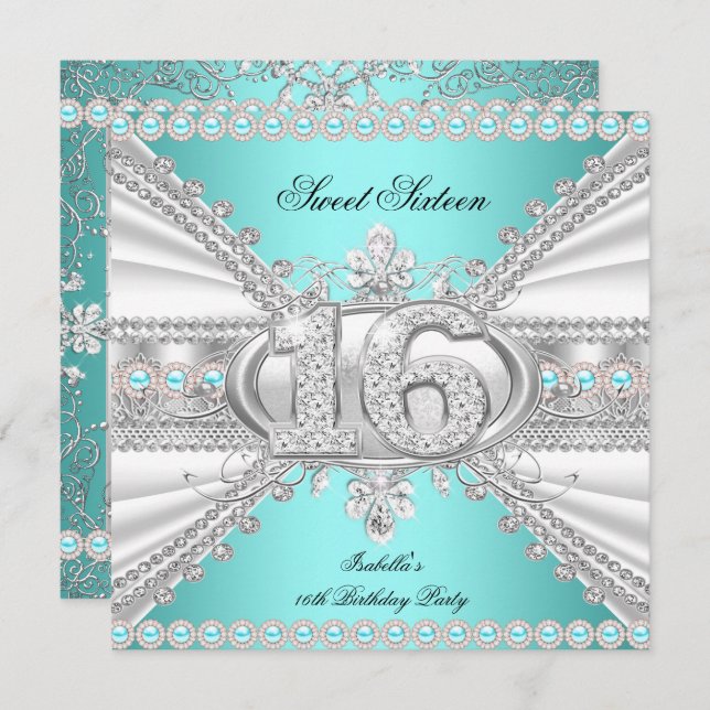 Elegant Diamond Teal Sweet 16 Sixteen Party A Invitation (Front/Back)