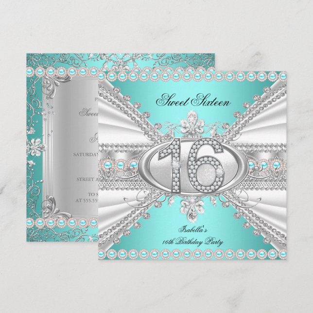 Elegant Diamond Teal Sweet 16 Sixteen Party Invitation (Front/Back)