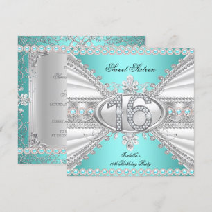 Elegant Diamond Teal Sweet 16 Sixteen Party Invitation