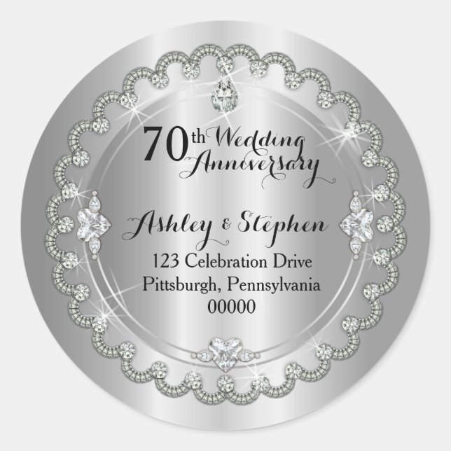 Elegant Diamond Wedding Anniversary Return Address Classic Round Sticker (Front)