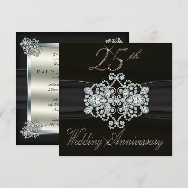Elegant Diamonds 25th Silver Wedding Anniversary Invitation (Front/Back)