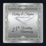 Elegant Diamonds 25th Wedding Anniversary Square Wall Clock<br><div class="desc">Opulent elegance frames this 25th wedding anniversary design in a unique scalloped diamond design with centre teardrop diamond with heart-shaped diamond accents and faux added sparkles on a silver-tone gradient. Please note that all embellishments are printed and are only made to appear as real as possible in a flat, printed...</div>