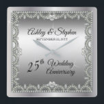 Elegant Diamonds 25th Wedding Anniversary Square Wall Clock<br><div class="desc">Opulent elegance frames this 25th wedding anniversary design in a unique scalloped diamond design with centre teardrop diamond with heart-shaped diamond accents and faux added sparkles on a silver-tone gradient. Please note that all embellishments are printed and are only made to appear as real as possible in a flat, printed...</div>