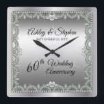 Elegant Diamonds 60th Wedding Anniversary Square Wall Clock<br><div class="desc">Opulent elegance frames this 60th wedding anniversary design in a unique scalloped diamond design with centre teardrop diamond with heart-shaped diamond accents and faux added sparkles on a silver-tone gradient. Please note that all embellishments are printed and are only made to appear as real as possible in a flat, printed...</div>