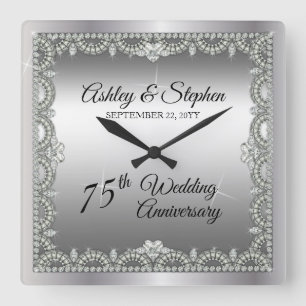 Elegant Diamonds 75th Wedding Anniversary Square Wall Clock