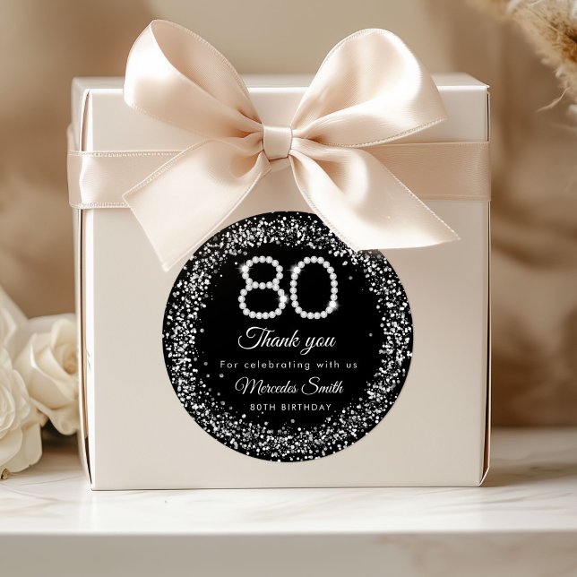 Elegant Diamonds 80th Birthday Thank you Sticker (Silver Diamonds 80th Birthday Thank you Favor Stickers)