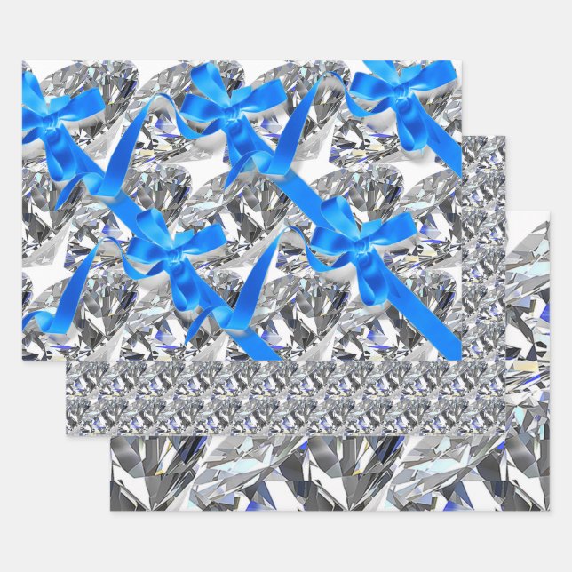Elegant Diamonds and Blue Bows Wrapping Paper Sheet (Set)