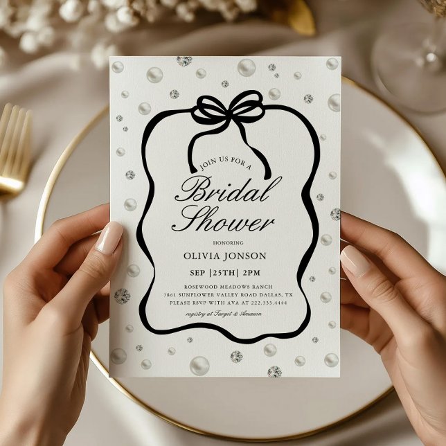 Elegant Diamonds and Pearls Bow Bridal Shower Invitation (Creator Uploaded)
