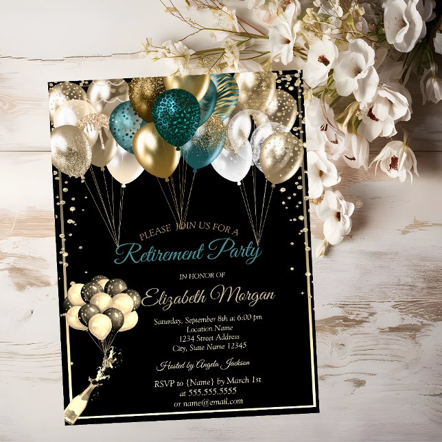 Elegant Diamonds Balloons Black Retirement  Invitation (Creator Uploaded)