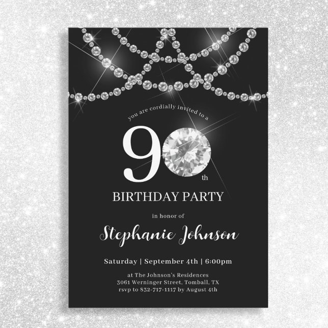Elegant Diamonds Black 90th Birthday Party Invitation (Mockup View)