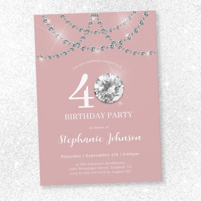 Elegant Diamonds Blush Pink 40th Birthday Invitation (Elegant Diamonds Blush Pink 40th Birthday Invitation)